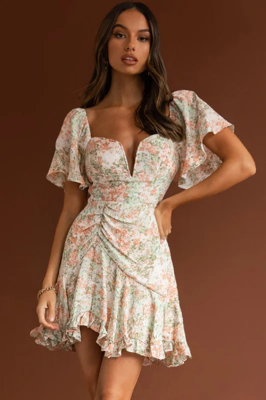 Satin mini dresses for a luxurious feel Leona V-Bust Frill Mini Dress Floral Peach