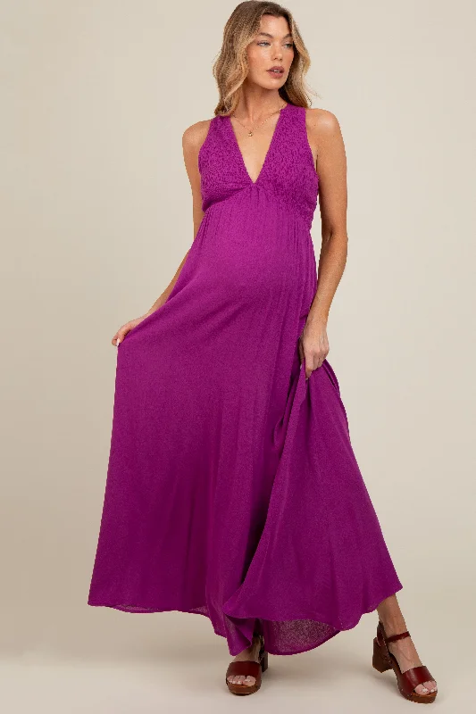 Maternity dress for a baby's first visit to the pool Violet Deep V-Neck Cross Back Maternity Maxi Dress Maternity dress for a baby's first visit to the pool Violet Deep V-Neck Cross Back Maternity Maxi Dress