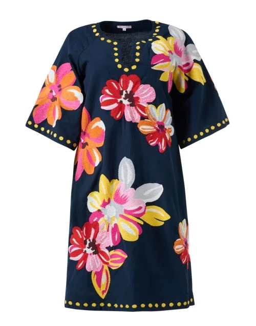 Everyday Boho - style Dress with Fringe​ Charming Navy Floral Print Mini Kaftan