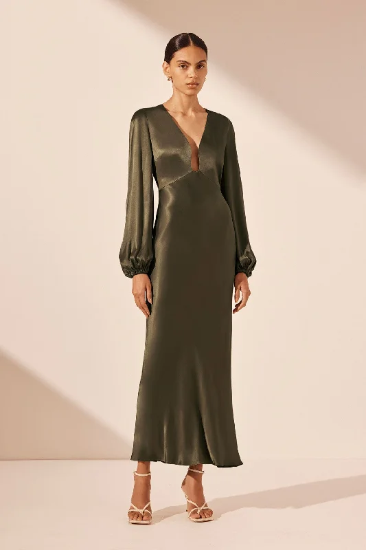 High - low midi dresses with geometric patterns for a modern party LA LUNE PLUNGED NECK BALLOON SLEEVE MIDI DRESS - FOREST High - low midi dresses with geometric patterns for a modern party LA LUNE PLUNGED NECK BALLOON SLEEVE MIDI DRESS - FOREST