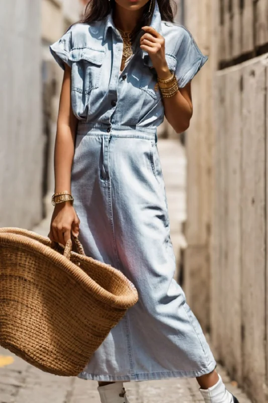 Everyday Long - sleeved Dress with Cuffed Sleeves for Winter Slit Pocketed Half Button Denim Dress Everyday Long - sleeved Dress with Cuffed Sleeves for Winter Slit Pocketed Half Button Denim Dress