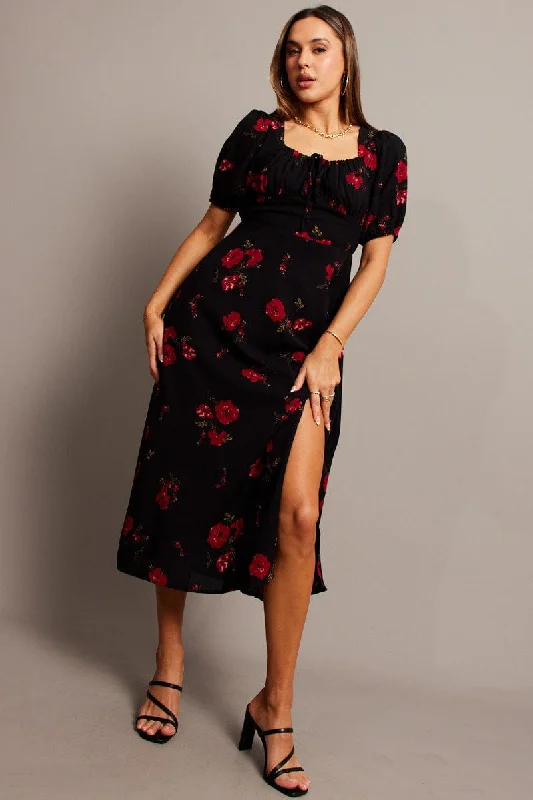 Midi dresses with fringe details for a fun and energetic style Black Floral Midi Dress Puff Sleeve Midi Midi dresses with fringe details for a fun and energetic style Black Floral Midi Dress Puff Sleeve Midi