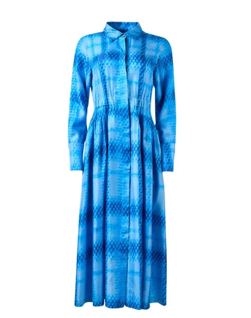 Everyday Dress with Sleeve Cuffs with Buttons for a Neat Finish Capri Blue Check Print Silk Dress Everyday Dress with Sleeve Cuffs with Buttons for a Neat Finish Capri Blue Check Print Silk Dress