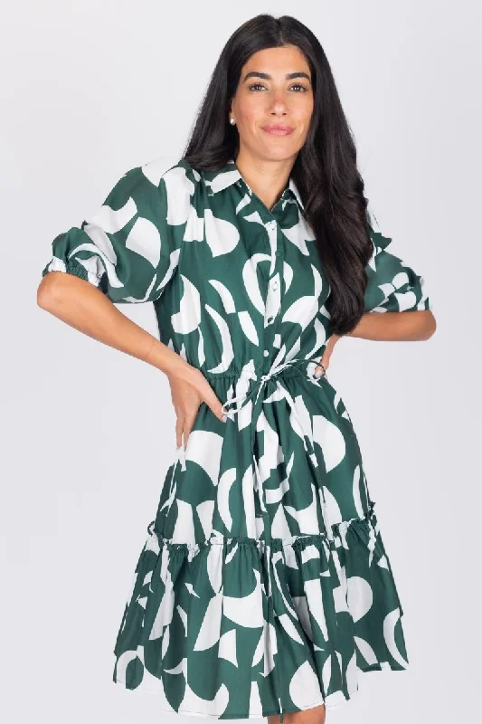 Everyday Chambray Dress with Roll - up Sleeves​ ANAYA DRESS (GREEN)