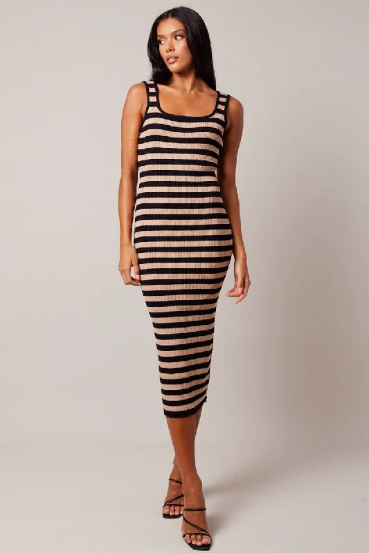Sleeveless midi dresses with lace details for summer weddings Beige Stripe Knit Midi Dress Sleeveless Scoop Neck Bodycon Rib Sleeveless midi dresses with lace details for summer weddings Beige Stripe Knit Midi Dress Sleeveless Scoop Neck Bodycon Rib