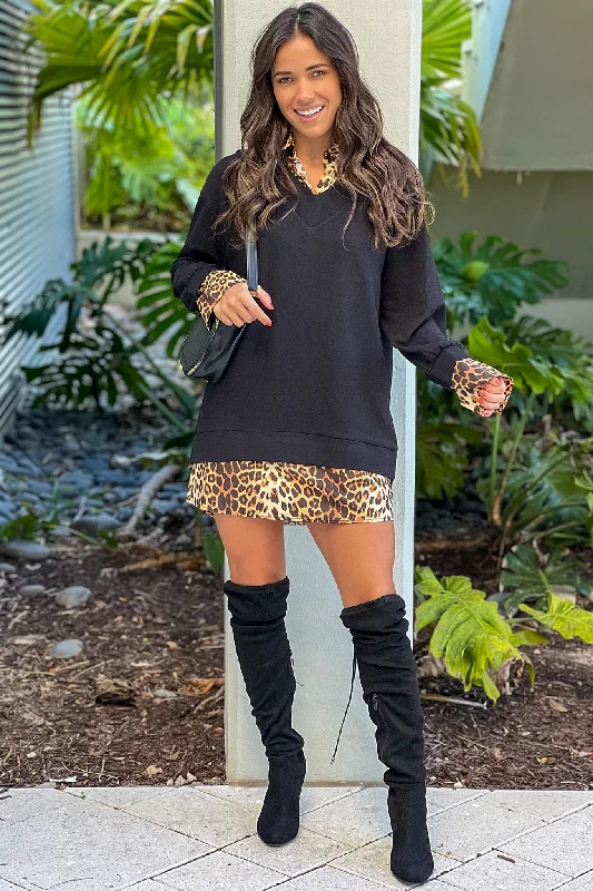 Everyday Dress with Tie - dye Print for a Retro Look Black Leopard Knit V-Neck Dress Everyday Dress with Tie - dye Print for a Retro Look Black Leopard Knit V-Neck Dress