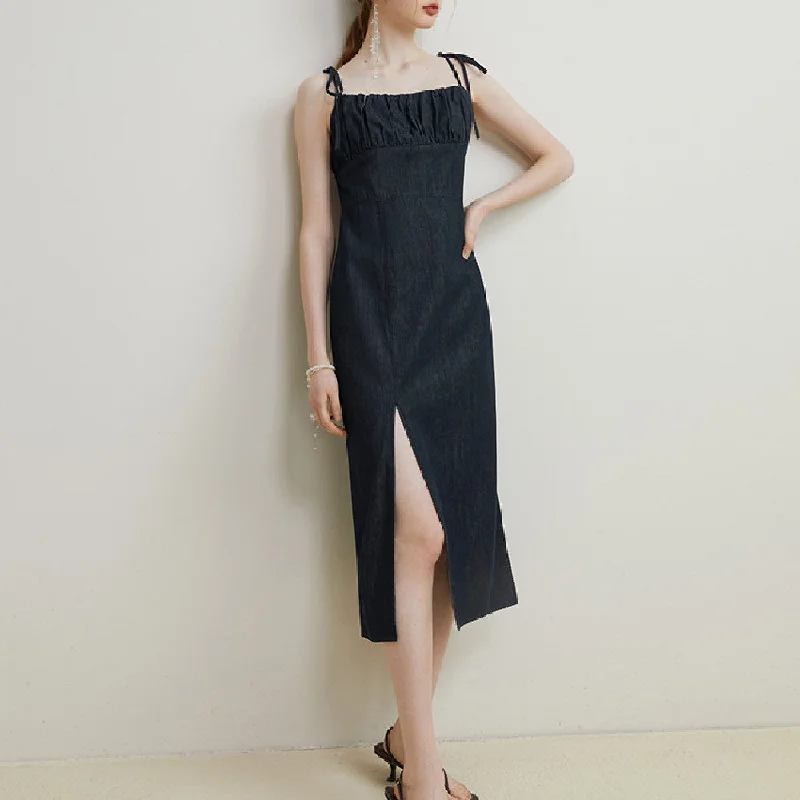 Everyday Dress with Kimono - style Sleeves for an Exotic Look Simply Elegant Style Denim Strap Dress With Slit Hem Everyday Dress with Kimono - style Sleeves for an Exotic Look Simply Elegant Style Denim Strap Dress With Slit Hem