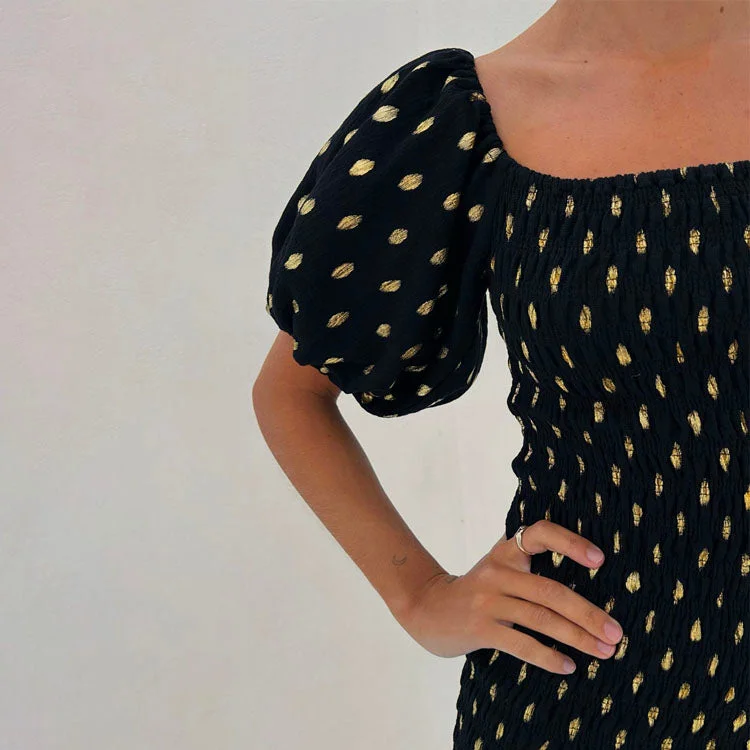 Midi dresses with button - down skirts for a unique and functional design Black Jojo Dress with Gold Fleck Midi dresses with button - down skirts for a unique and functional design Black Jojo Dress with Gold Fleck