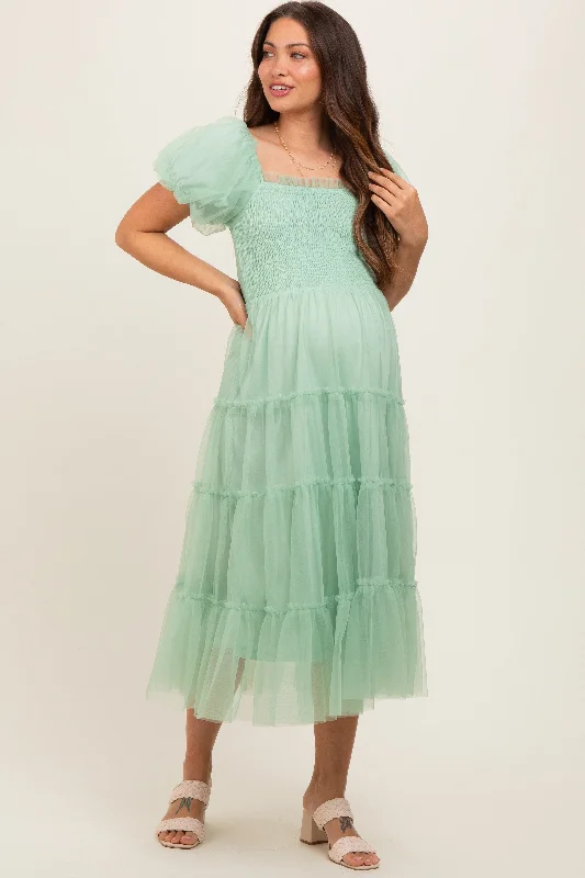 Maternity dress for a baby's first visit to the rose garden Mint Green Smocked Tiered Tulle Maternity Midi Dress Maternity dress for a baby's first visit to the rose garden Mint Green Smocked Tiered Tulle Maternity Midi Dress