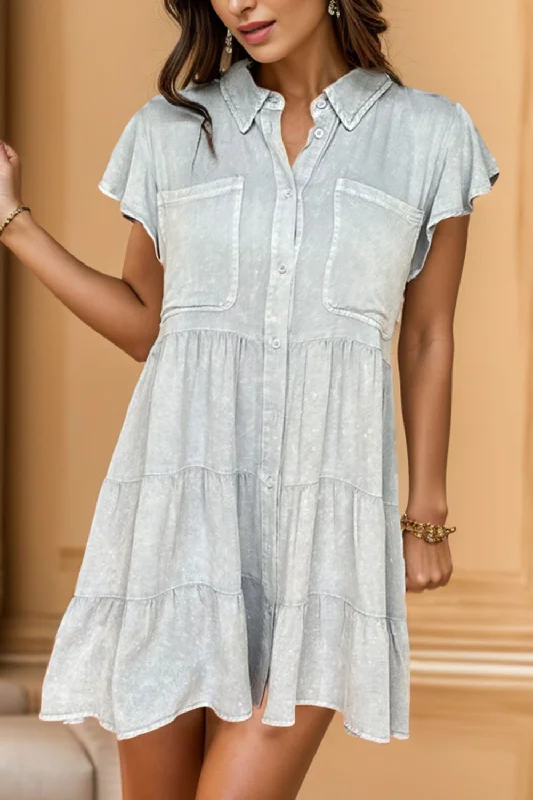 Everyday Dress with High - low Hem for a Trendy Edge Stylishly Simple Button Up Cap Sleeve Denim Dress Everyday Dress with High - low Hem for a Trendy Edge Stylishly Simple Button Up Cap Sleeve Denim Dress