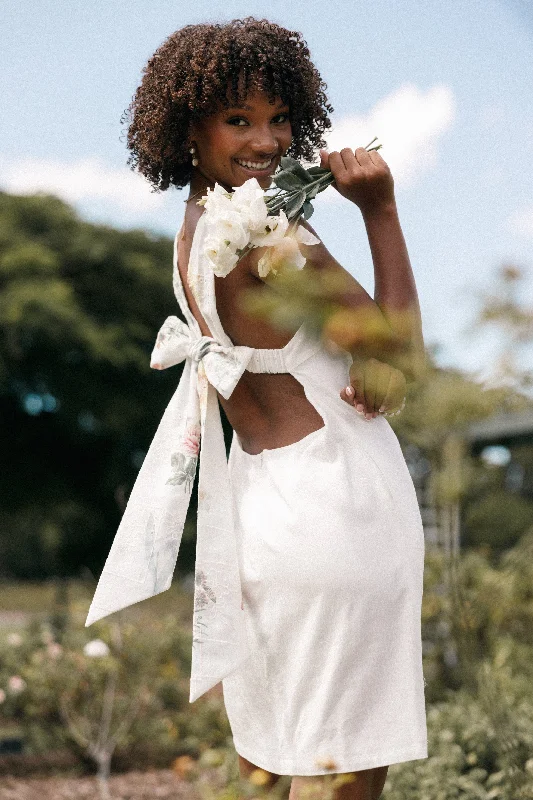 Mini dresses with embroidered details for a unique touch Tai Bow Back Mini Dress - White Floral