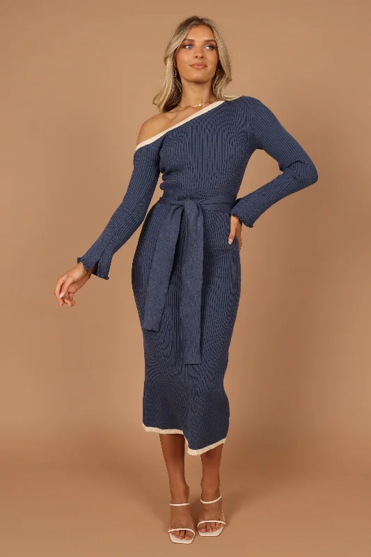 Midi dresses with puff sleeves for a vintage - inspired look Milan Off Shoulder Midi Dress - Midnight Blue Midi dresses with puff sleeves for a vintage - inspired look Milan Off Shoulder Midi Dress - Midnight Blue