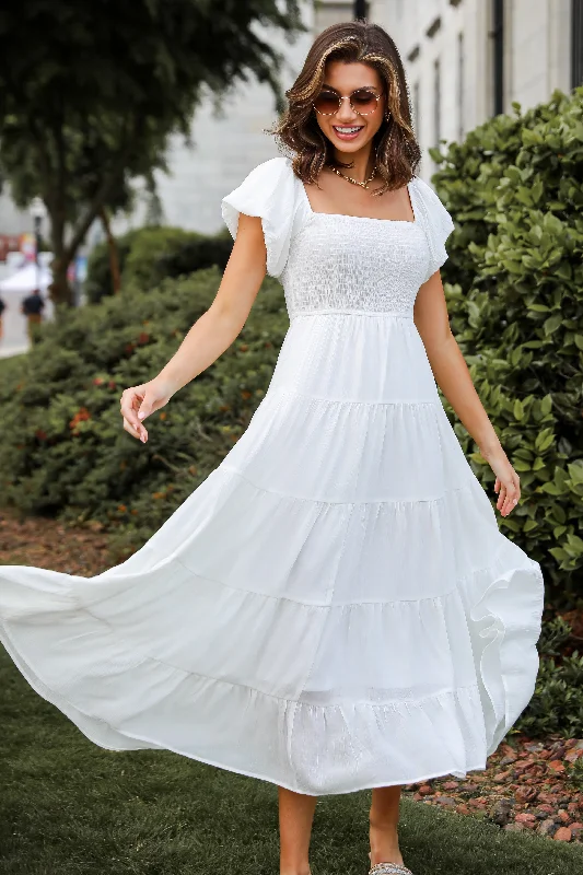 Everyday Dress with Patchwork Design for a Bohemian - inspired Look​ Sunny Persuasion White Tiered Maxi Dress