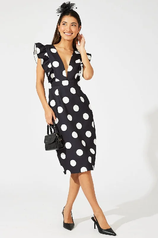 Midi dresses with geometric cutouts for a contemporary and edgy look Black Polka Dot Midi Dress Plunge Ruffle Shoulder Oversized Polka Midi dresses with geometric cutouts for a contemporary and edgy look Black Polka Dot Midi Dress Plunge Ruffle Shoulder Oversized Polka