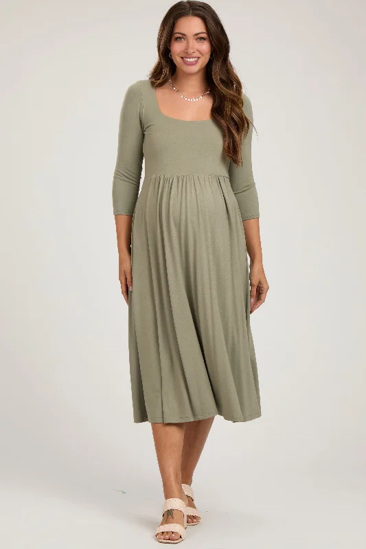 Maternity dress for a baby's first visit to the flower garden Light Olive Square Neck 3/4 Sleeve Maternity Midi Dress Maternity dress for a baby's first visit to the flower garden Light Olive Square Neck 3/4 Sleeve Maternity Midi Dress