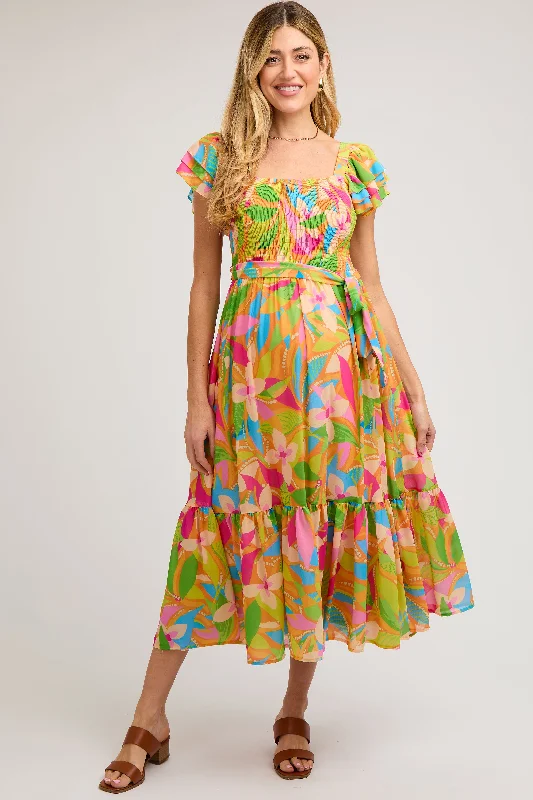 Maternity dress for hospital visits during pregnancy Orange Floral Print Flounce Sleeve Maternity Midi Dress Maternity dress for hospital visits during pregnancy Orange Floral Print Flounce Sleeve Maternity Midi Dress