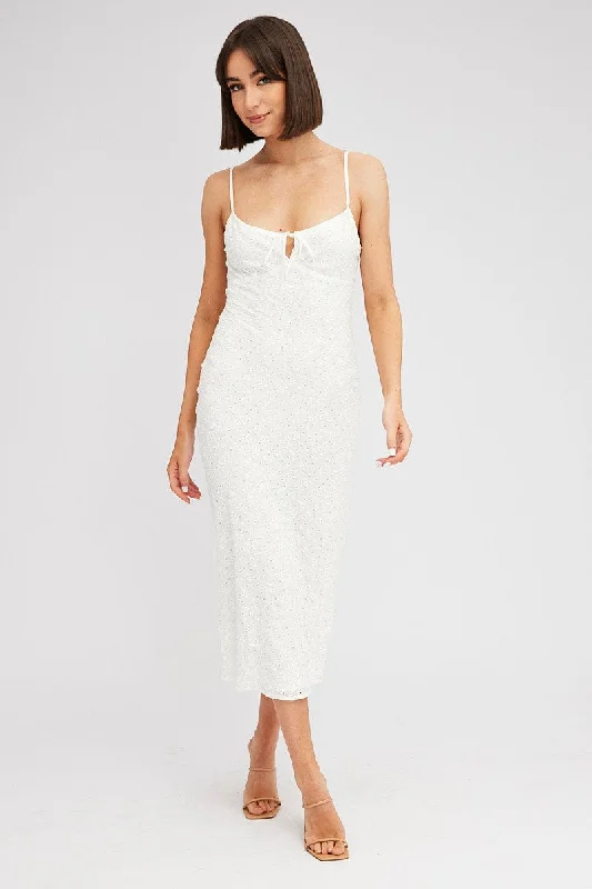 Midi dresses with empire waists for a flattering maternity option White Midi Dress Gathered Bust Eyelet Fabric Midi dresses with empire waists for a flattering maternity option White Midi Dress Gathered Bust Eyelet Fabric