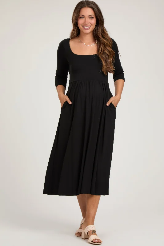 Maternity dress for a bridal shower as a hostess Black Square Neck 3/4 Sleeve Maternity Midi Dress Maternity dress for a bridal shower as a hostess Black Square Neck 3/4 Sleeve Maternity Midi Dress