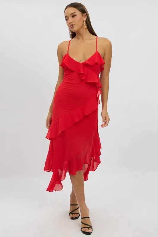Midi dresses with side slits for a sexy and elegant appearance Red Midi Dress Ruffle Detail Midi dresses with side slits for a sexy and elegant appearance Red Midi Dress Ruffle Detail