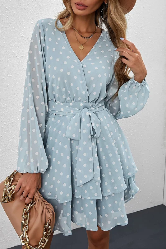  Tied Layered Polka Dot Balloon Sleeve Dress