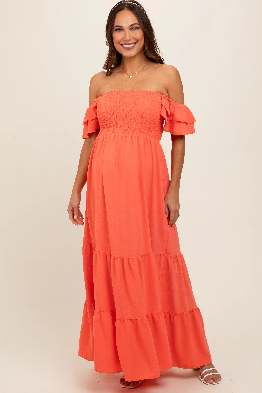 Maternity cocktail dress with sequin embellishments Orange Smocked Ruffle Off Shoulder Tiered Maternity Maxi Dress