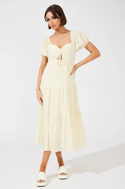 Midi dresses with halter necks for a stylish and comfortable option Beige Midi Dress Puff Sleeve Ruch Front Midi dresses with halter necks for a stylish and comfortable option Beige Midi Dress Puff Sleeve Ruch Front