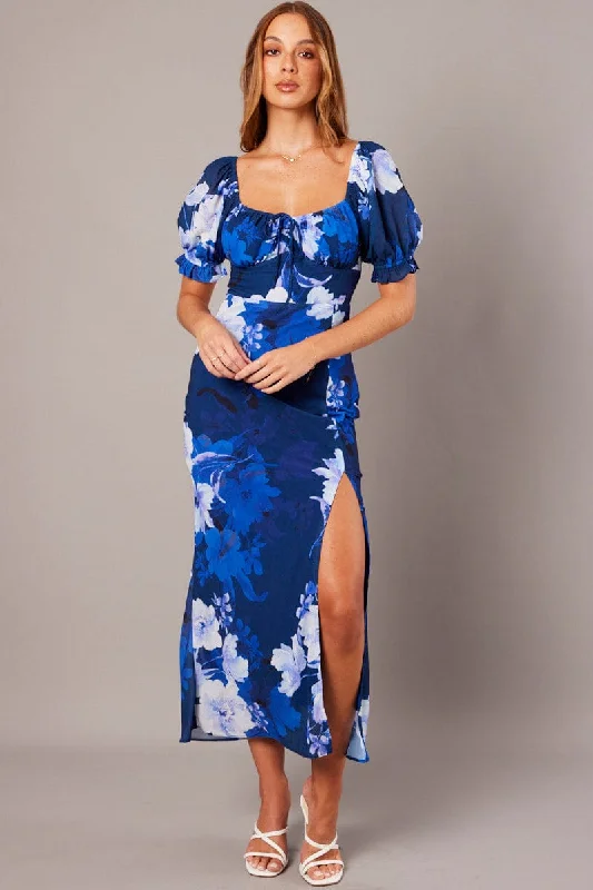 Midi dresses with V - necklines for a flattering and elongating effect Blue Floral Midi Dress Puff Sleeve Midi dresses with V - necklines for a flattering and elongating effect Blue Floral Midi Dress Puff Sleeve
