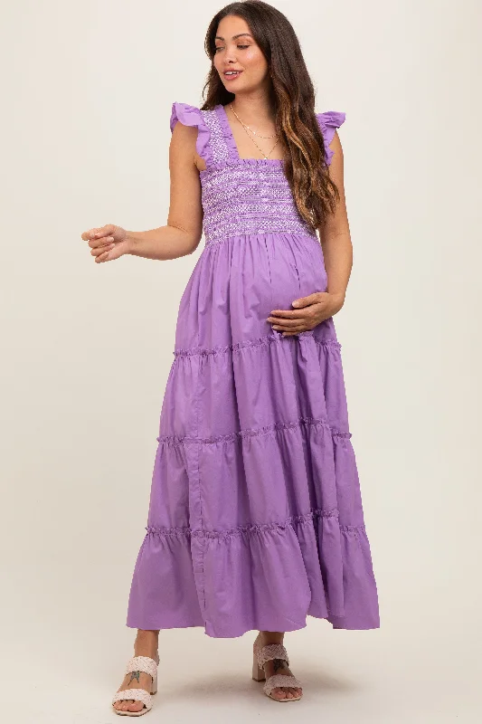Off shoulder maternity evening dress for parties Lavender Embroidered Smocked Maternity Midi Dress