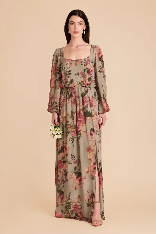 Maternity dress for a baby's first visit to the secret garden Eloise Chiffon Dress - Silver Sage Painted Botanics