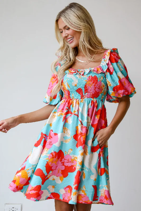 Everyday Dress with Pleated Skirt for a Feminine Touch FINAL SALE - Prettiest Approach Aqua Floral Mini Dress Everyday Dress with Pleated Skirt for a Feminine Touch FINAL SALE - Prettiest Approach Aqua Floral Mini Dress