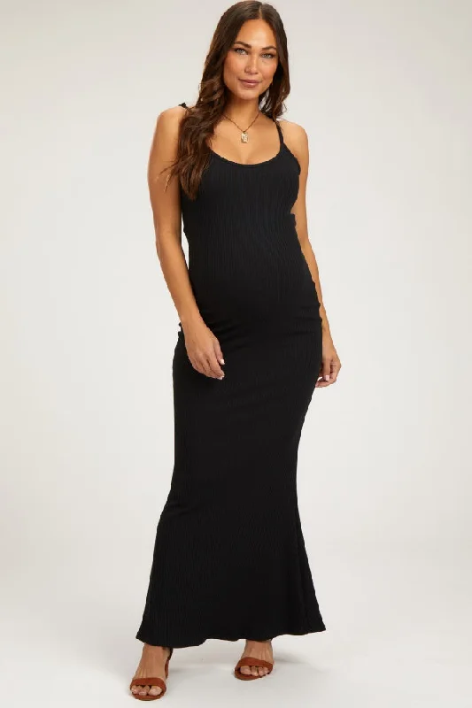Maternity dress for home - based moms Black Ribbed Maternity Maxi Dress