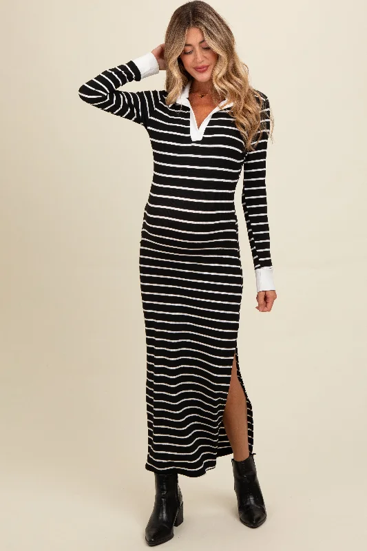 Maternity dress for a baby's first visit to the theater Black Striped Collared Long Sleeve Maternity Midi Dress Maternity dress for a baby's first visit to the theater Black Striped Collared Long Sleeve Maternity Midi Dress
