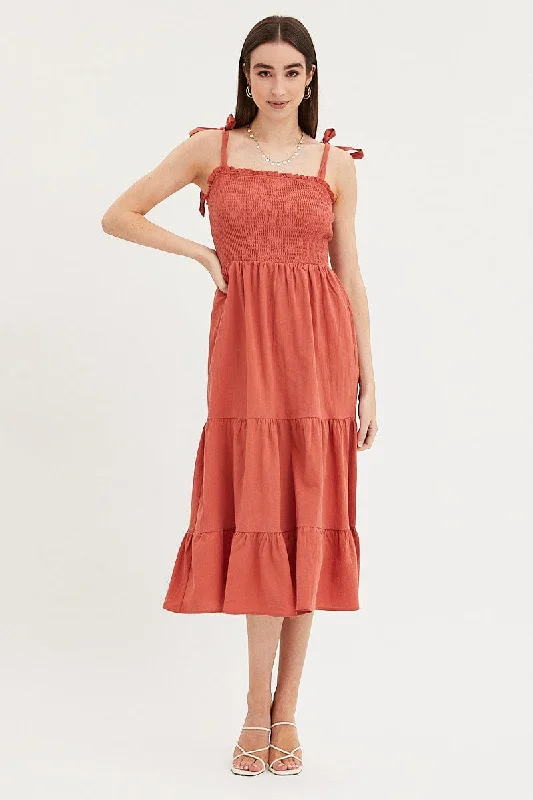 Midi dresses with pom - pom trims for a playful and festive look Brown Maxi Dress Sleeveless Tie Shoulder Square Neck Midi dresses with pom - pom trims for a playful and festive look Brown Maxi Dress Sleeveless Tie Shoulder Square Neck