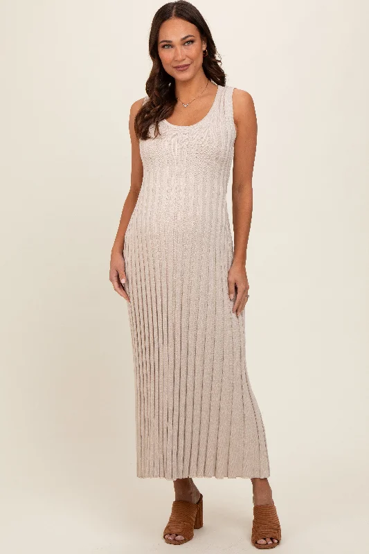 Maternity shift dress for casual outings Taupe Sleeveless Knit Maternity Maxi Dress