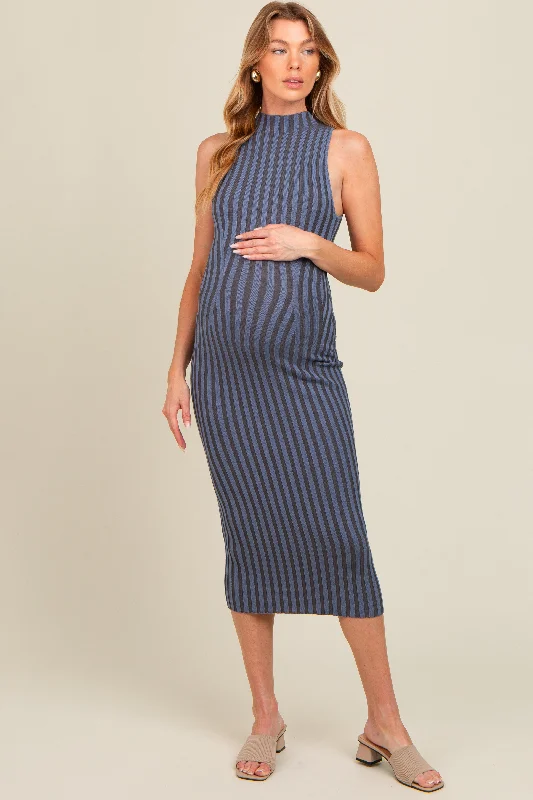 Maternity dress for a baby's first visit to the amusement park Blue Ribbed Knit Mock Neck Fitted Maternity Dress Maternity dress for a baby's first visit to the amusement park Blue Ribbed Knit Mock Neck Fitted Maternity Dress