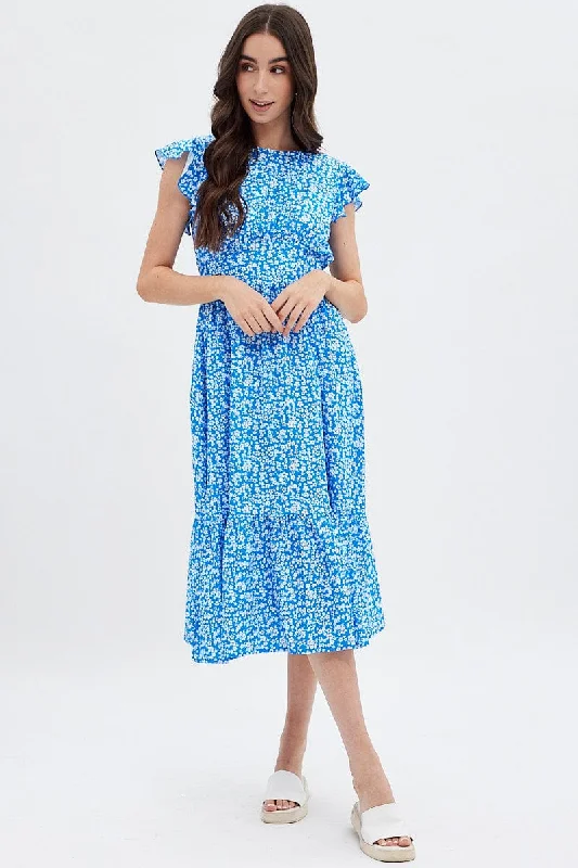 Midi dresses with cold - shoulder cutouts for a trendy style Blue Floral Tie Back Midi Dress Midi dresses with cold - shoulder cutouts for a trendy style Blue Floral Tie Back Midi Dress