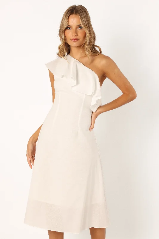Midi dresses with button - front designs for a classic touch Campbell One Shoulder Midi Dress - White