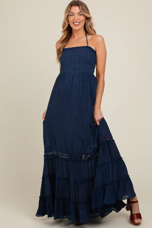 Maternity dress for a shopping spree Navy Smocked Open Back Maternity Maxi Dress