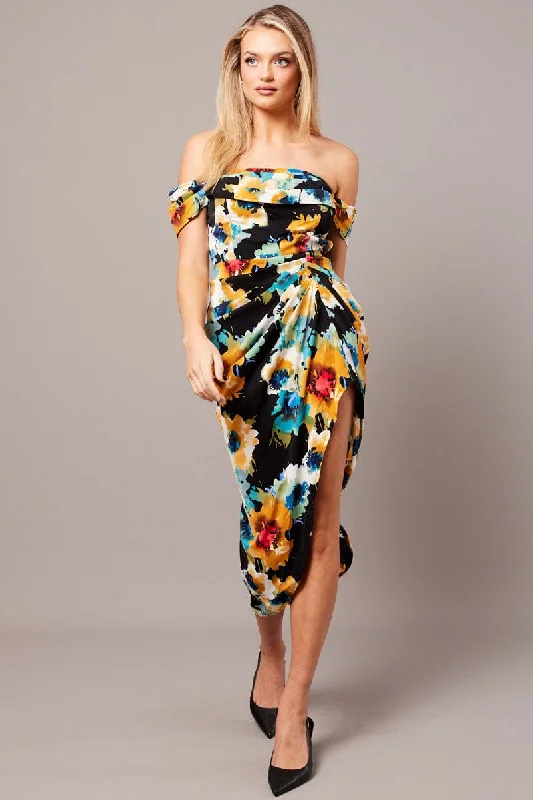Midi dresses with cotton - blend materials for everyday comfort Black Floral Bardot Midi Dress Draped Off Shoulder Dress Midi dresses with cotton - blend materials for everyday comfort Black Floral Bardot Midi Dress Draped Off Shoulder Dress