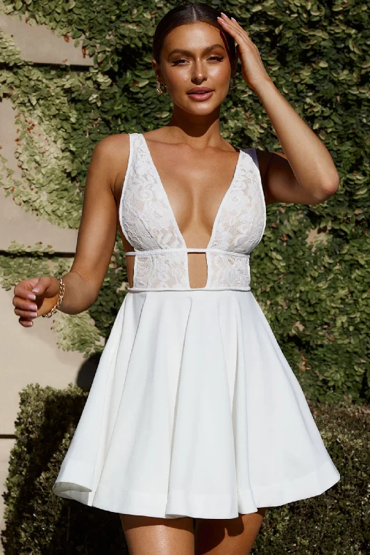 Mini dresses with criss - cross backs for a flirty look Shailene Lace Bodice A-Line Dress White Mini dresses with criss - cross backs for a flirty look Shailene Lace Bodice A-Line Dress White