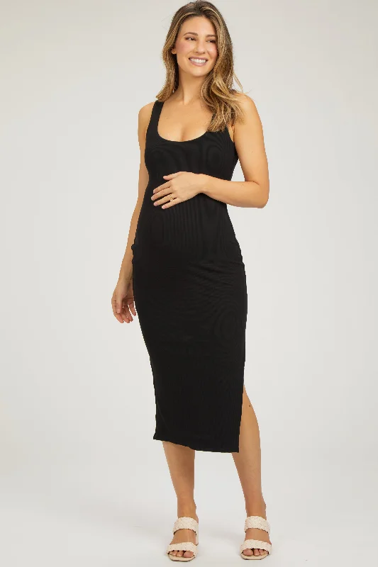 Maternity dress for a christening Black Ribbed Knit Sleeveless Side Slit Maternity Dress Maternity dress for a christening Black Ribbed Knit Sleeveless Side Slit Maternity Dress