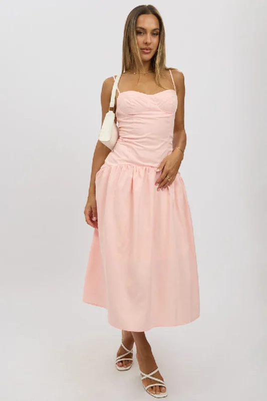 Midi dresses with pom - pom trims for a playful and festive look Pink Midi Dress Drop Waist Midi dresses with pom - pom trims for a playful and festive look Pink Midi Dress Drop Waist