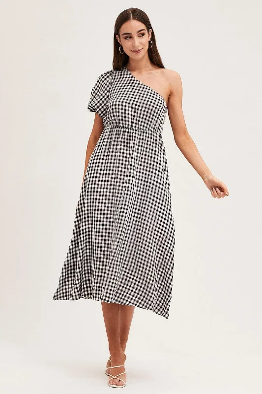Midi dresses with off - the - shoulder necklines for a flirty look Stripe Check One Shoulder Midi Dress