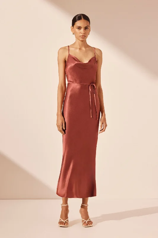 Midi dresses with gathered skirts for a full and flowing silhouette LA LUNE BIAS COWL MIDI DRESS - TERRACOTTA Midi dresses with gathered skirts for a full and flowing silhouette LA LUNE BIAS COWL MIDI DRESS - TERRACOTTA