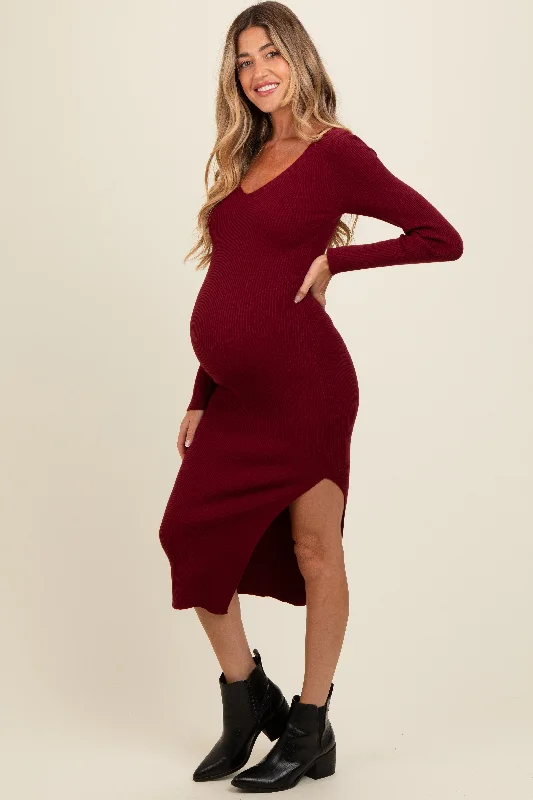 Maternity dress for a baby's first visit to the botanic garden Burgundy Ribbed Knit Side Slit Maternity Midi Dress Maternity dress for a baby's first visit to the botanic garden Burgundy Ribbed Knit Side Slit Maternity Midi Dress