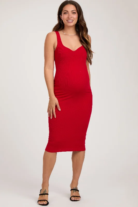 V neck maternity bodycon dress for photoshoot Red Sleeveless Ribbed Fitted Maternity Dress V neck maternity bodycon dress for photoshoot Red Sleeveless Ribbed Fitted Maternity Dress