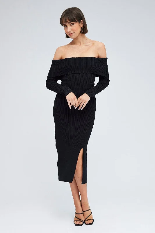 Midi dresses with belted waists to accentuate the figure Black Midi Dress Long Sleeve Off Shoulder Bardot Knit Midi dresses with belted waists to accentuate the figure Black Midi Dress Long Sleeve Off Shoulder Bardot Knit
