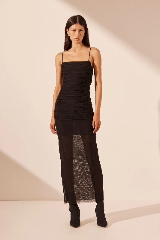 Midi dresses with abstract art prints for an artistic statement MIRA OPEN BACK RUCHED MIDI DRESS - BLACK Midi dresses with abstract art prints for an artistic statement MIRA OPEN BACK RUCHED MIDI DRESS - BLACK