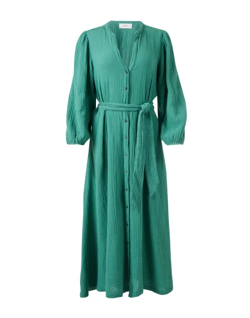 Everyday Dress with Belted Waist for Definition​ Selene Green Cotton Gauze Dress