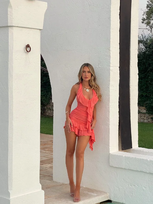 Mini dresses with belted waists for a defined silhouette ANNIKA MINI DRESS PEACH